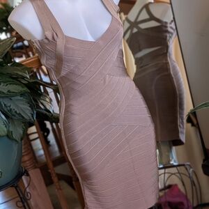 Stretta Elegant Tan Bandage Mini Dress